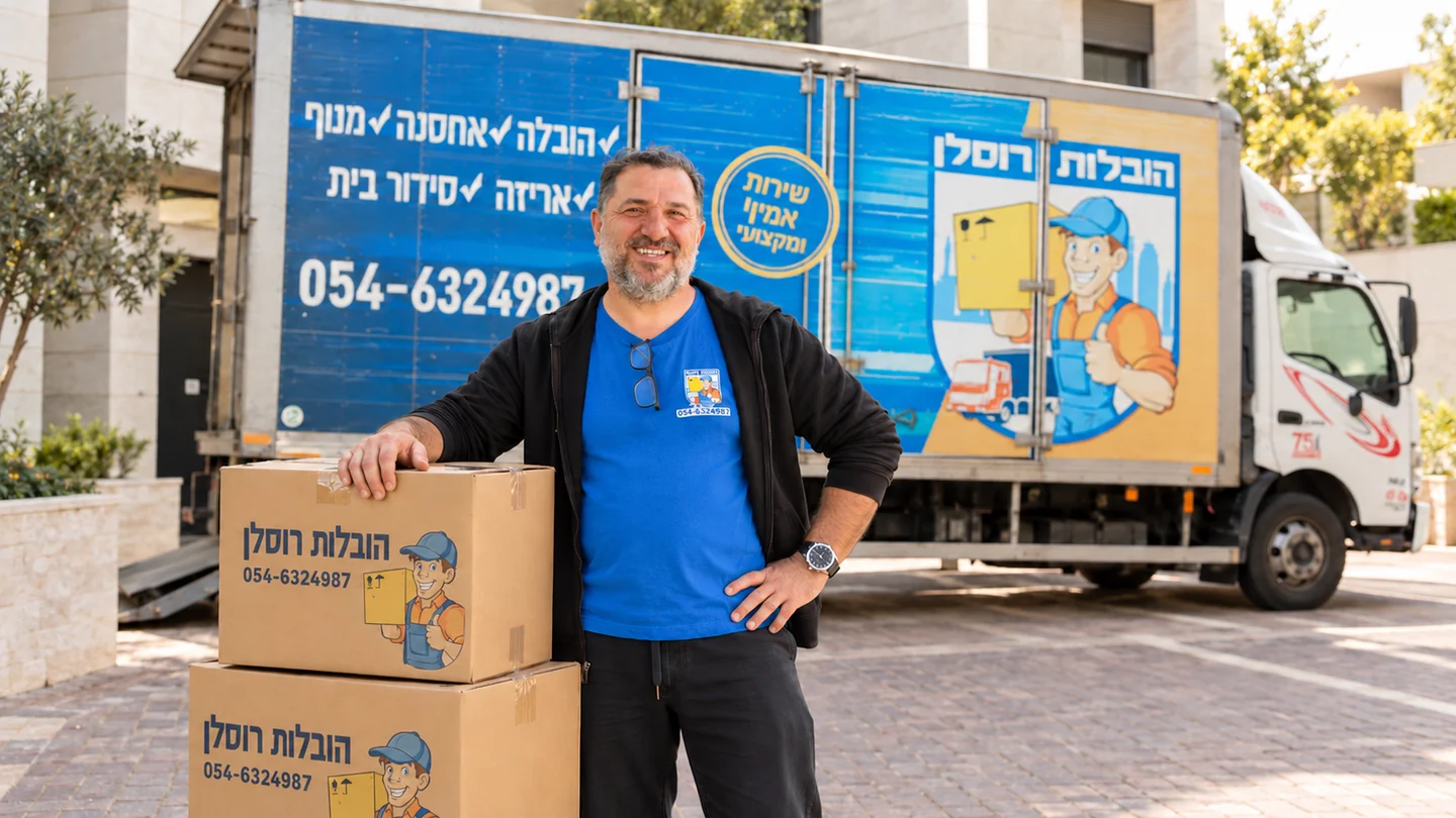 נציג הובלות רוסלן לצד ארגזים ומשאית עם מיתוג החברה